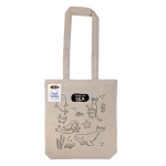 A beige reusable grocery bag featuring various underwater creatures and a logo.