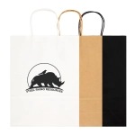Three large paper bags in white, brown, and black with handles, featuring a logo.
