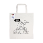 A white cotton tote bag featuring a colouring design of an Easter bunny with decorated eggs, and a branding logo.