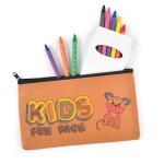 A pencil case containing colourful crayons with a cartoon character design and a logo, showcasing vibrant hues.