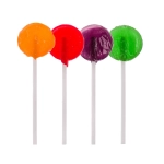 Four assorted lollipops in orange, red, purple, and green, each on a white stick, with a logo on one.