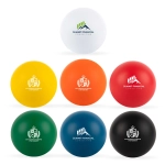 A collection of round stress balls in white, yellow, orange, red, black, and green, featuring various logos.