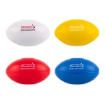 A set of four football-shaped stress relievers in white, yellow, red, and blue, each featuring a logo.