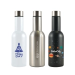 A drink bottle set featuring three designs: a white bottle, a stainless steel bottle, and a black bottle with space graphics.