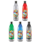 A drink bottle collection featuring silver, red, green, blue, and gray colors, each with a logo.