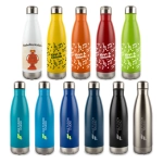 A collection of stainless steel drink bottles in various colors including yellow, orange, red, green, blue, navy, and silver, featuring different designs and logos.