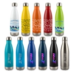 A collection of colorful vacuum bottles in various designs, including red, blue, yellow, and stainless steel. Each has a logo.