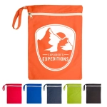 An orange wet bag with a logo, featuring a zippered closure and a handle, alongside additional bags in various colours.