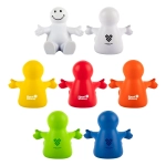 A collection of stress relievers in various colors: white, yellow, red, orange, blue, and green, shaped like cheerful figures.