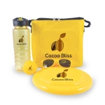 A yellow cooler bag with a drink bottle, frisbee, ball, and sunglasses, all featuring a logo.