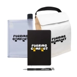 A drink bottle, a black notebook, a pen, and a cooler bag, all featuring the logo "PURRING COMFORT."