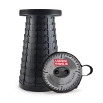 A black telescopic stool with a textured pattern, accompanied by a circular saw blade with a logo.