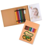 A pencil drawing set with a variety of colored pencils in a cardboard case, accompanied by a sketch.