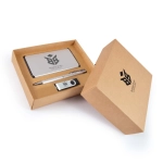 A cardboard gift set featuring a power bank, a USB flash drive, and a pen, all displayed elegantly in a brown box.