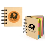 A square kraft sticky note pad with colored sticky notes inside, featuring an elephant logo on the cover.