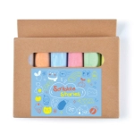 A box containing four pieces of pastel-colored chalk in pink, blue, green, and yellow, with a logo on the packaging.