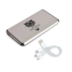 A silver power bank with a logo and a white multi-USB charging cable.