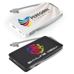 A power bank featuring a white design with a colorful logo on one side and a black design with a vibrant logo on the other.