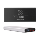 A sleek power bank in black and silver, featuring multiple USB ports and a digital display. Includes a logo.