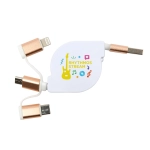 A retractable white charging cable featuring two connectors in gold and a logo.