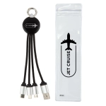 A charging cable set featuring multiple connectors in black and silver, packaged in a clear case.