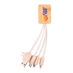 A bamboo charging cable in light pink with multiple connectors and a branded tag at the top.