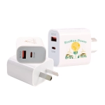 A white wall charger with multiple USB ports and a logo, featuring a compact design suitable for travel.