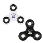 A fidget spinner featuring black and white colors with circular cutouts, each displaying a logo.