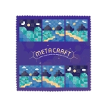 A microfiber lens cloth featuring a colorful, patterned design with various landscapes and a logo.