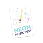 A colourful temporary tattoo design featuring a guitar, music icons, and the text "NEON MUSIC FEST".