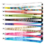 A collection of colorful lanyards featuring various patterns, logos, and designs in multiple colors.