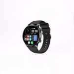 A black smartwatch with a round face, displaying various colorful app icons and a digital clock.