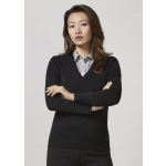 A black women's V-neck knit pullover paired with a striped shirt, featuring a branding logo.