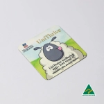 A square fridge magnet featuring a cartoon sheep and a logo, with a light background and rounded corners.