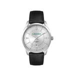 A men's casual dress watch featuring a silver face and a black leather strap, with a prominent logo on the dial.