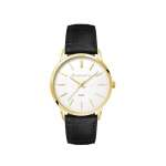 A men's dress watch featuring a gold case, white dial, and a black leather strap. It has a logo on the dial.
