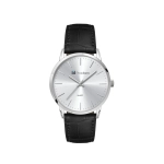 A men's dress watch featuring a silver dial and a black leather strap, with a sleek, minimalist design.