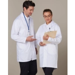 A unisex long sleeve white lab coat worn by two people, each with a notepad and clipboard.