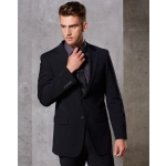 A tailored men's jacket in dark navy wool stretch, featuring two buttons and a sleek silhouette.