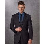 A men's dark grey poly/viscose stretch jacket, styled with a blue shirt and black tie, featuring a subtle logo.