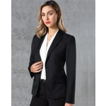 A black wool blend stretch one-button cropped jacket with a fitted silhouette and a single front button.