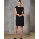 A black cap sleeve dress with a fitted silhouette, featuring a scoop neckline and an elegant design.