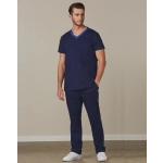 Men's solid navy scrub pants paired with a matching navy scrub top, featuring a logo on the garment.
