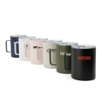 A collection of seven travel mugs in various colours, each with a handle and a lid, featuring different logos.