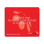 A red deluxe PVC mouse pad featuring an abstract design and a logo, with white text.
