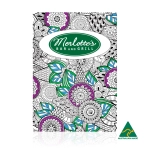 A5 colouring book featuring intricate floral designs in purple and green, with a logo and Australian Made label.