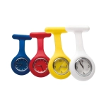 A set of four colourful nurses watches in blue, red, yellow, and white, each with a round face and a hanging design.