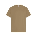 A plain khaki men's t-shirt featuring short sleeves and a crew neckline. The shirt has a label and no graphics.