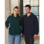 A green and navy unisex polar fleece jumper, featuring long sleeves and a half-zip collar, on two models.