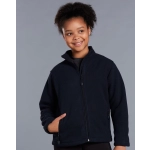 A black polar fleece jacket for kids with a full zip and zippered pockets, featuring a logo on the chest.
